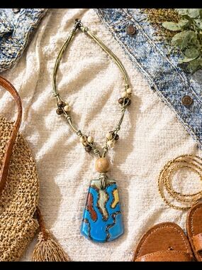 Boho Glass Pendant Necklace Turquoise Wood Bead